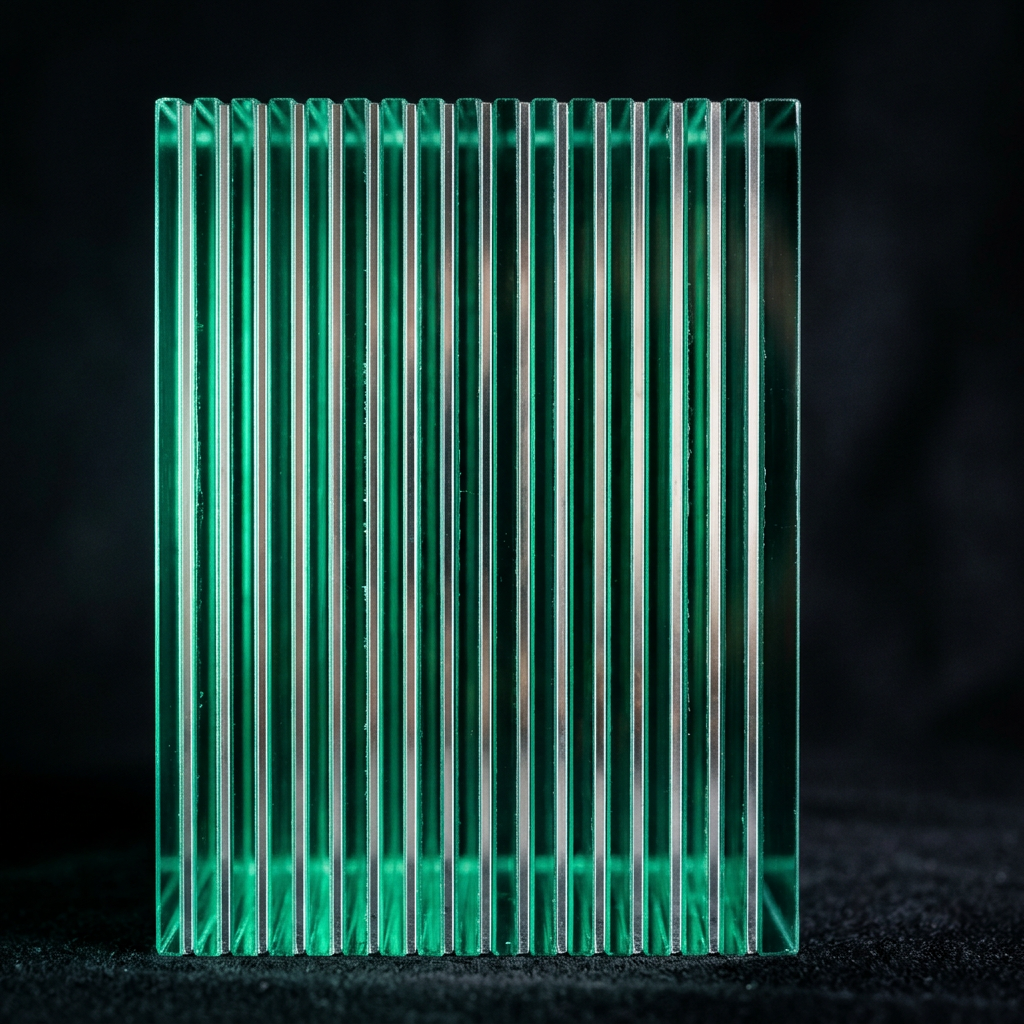 Close-up of stacked silver mirror glass edges